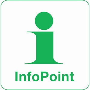 Logga med grön text. innehållet av logga är bokstaven i och nedanför står det InfoPoint.