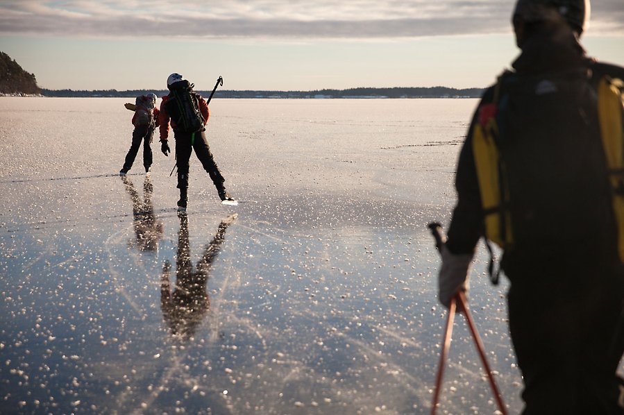 Fotografi av tre personer som åker längdfärsskridskor på isen. Alla tre personer åker bort från kameran.